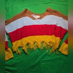 Knit Cropped Red Yellow Brown Blue Fringe Hem Sweater Size Large